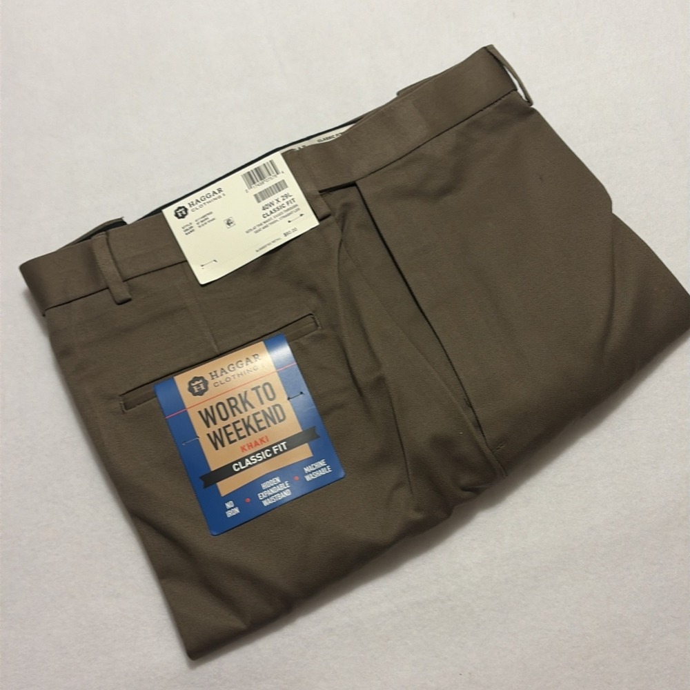 Haggar Work To Weekend Pants Mens 40x29 Bark Tan Classic Fit No Iron Comfort NWT